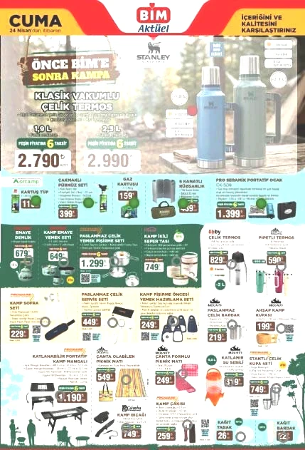 BİM AKTÜEL KATALOG YENİ ÜRÜNLER 24 NİSAN CUMA: Raflarda Cuma günü satışa çıkıyor BİM aktüel katalog afişi ürünleri Portatif klima, 6 kişilik çadır, kamp malzemeleri, Stanley termos, katlanabilir kamp masası...